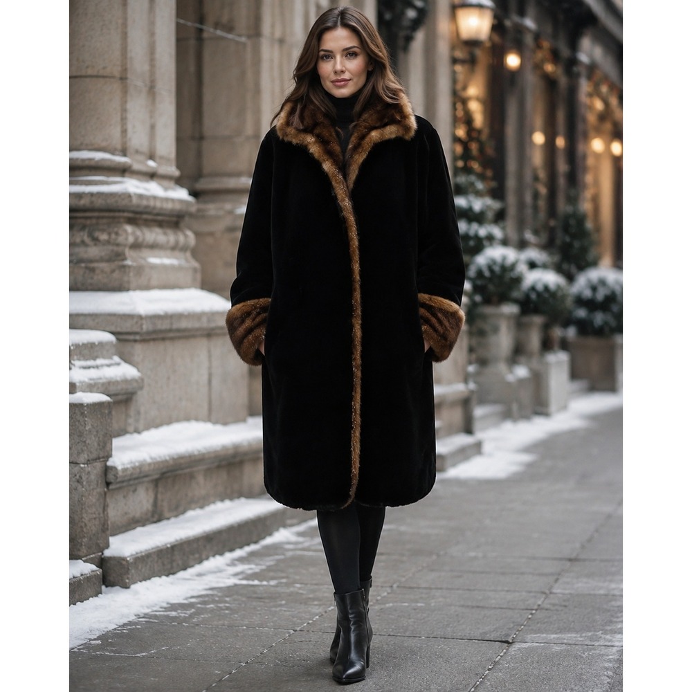Tally Ho Womens Vintage Black Faux Fur Coat Brown Trim Shawl Collar Size M